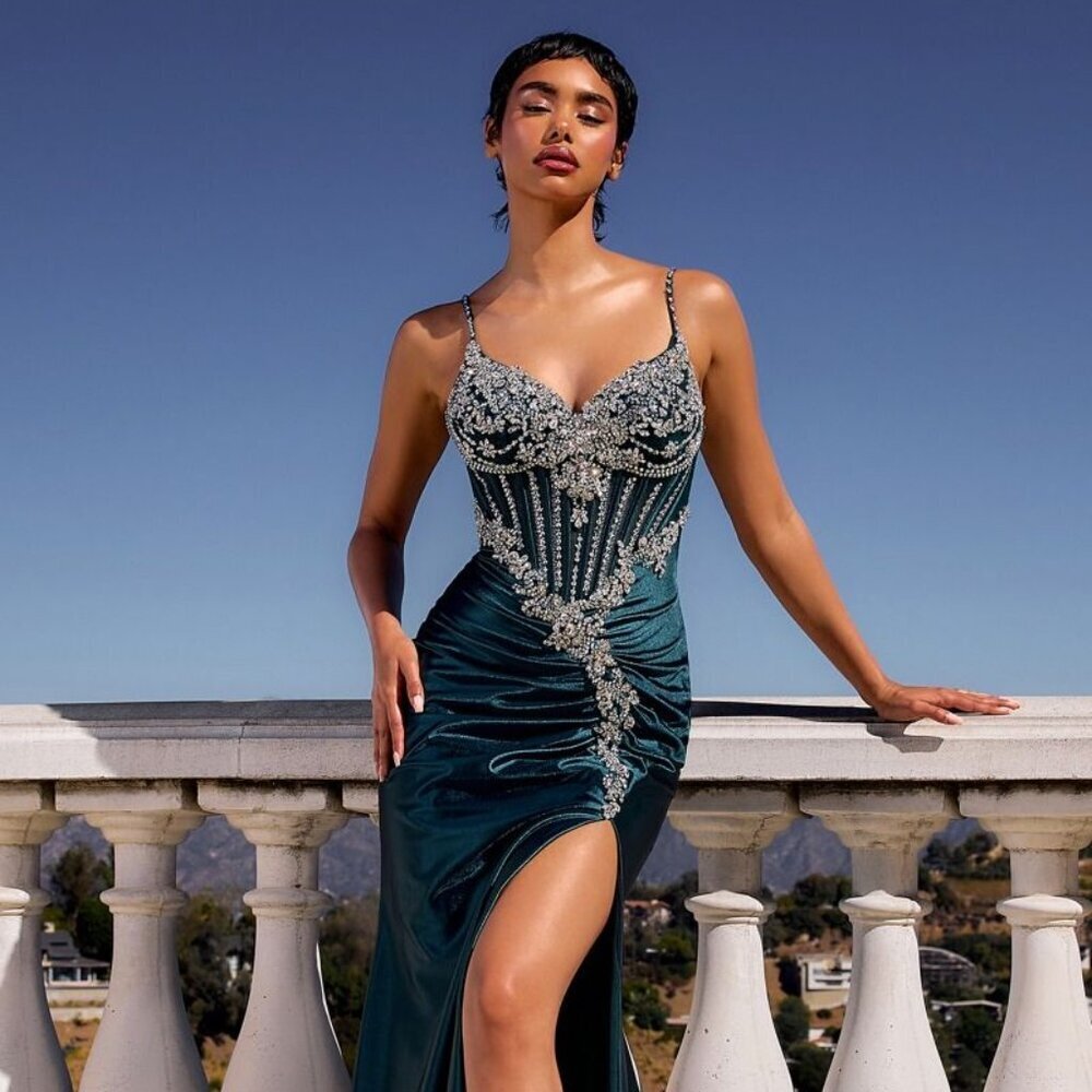 New Formal Soft Satin Gown w/ Crystal Embellishments & Sweetheart Neck CD CM383 - Picture 8 of 10